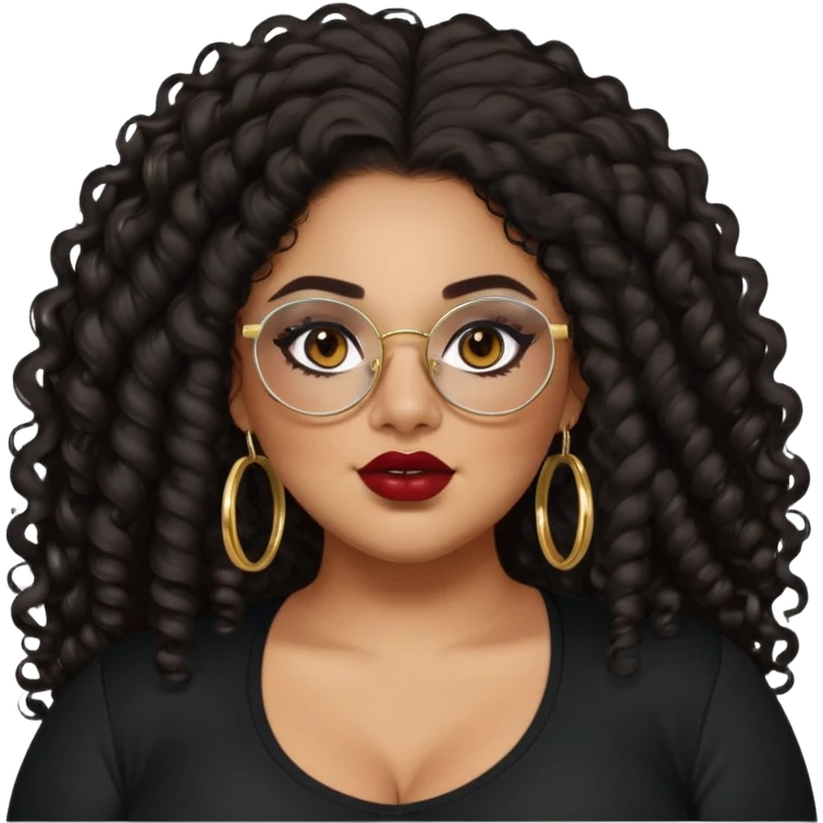 teen big plus size, latina, darker tan skin, gold hoops, long black curly hair, baddie,pretty, makeup, dark red lipgloss, black eyeliner, long hair, black shirt, BLACK glasses emoji