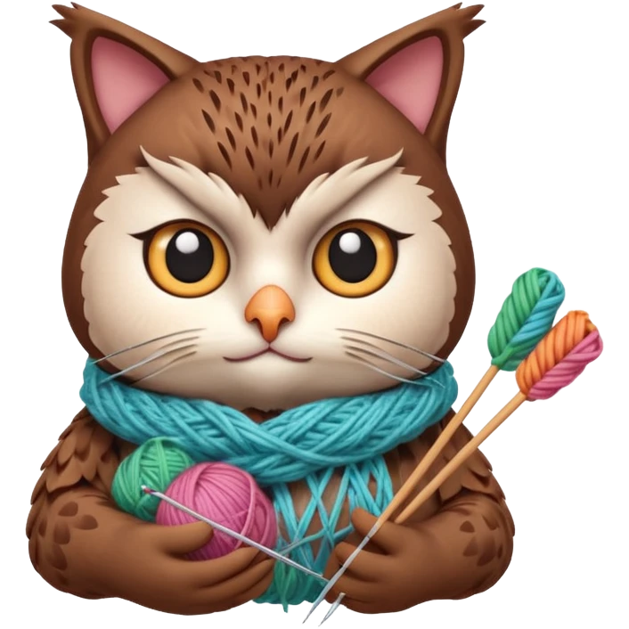 knitting owl portrait, head and shoulders only, cute cat holding knitting needles and yarn, cozy expression, warm handmade vibe, soft feathers, 3D cartoon style, mobile game icon style, clean background, no text, no watermark
 emoji