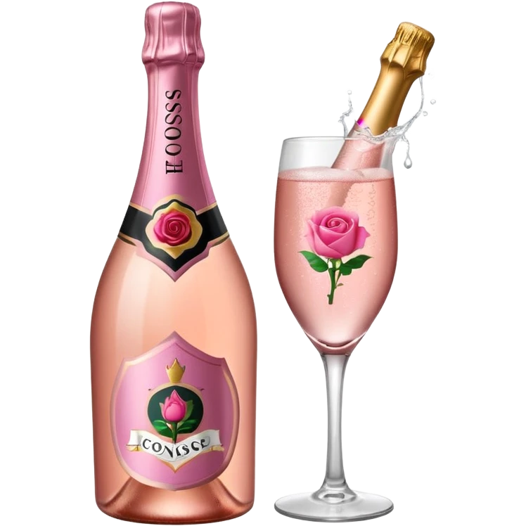 bottle of sparkling rose champagne tilted up and to the right, with a rose logo, no glass emoji