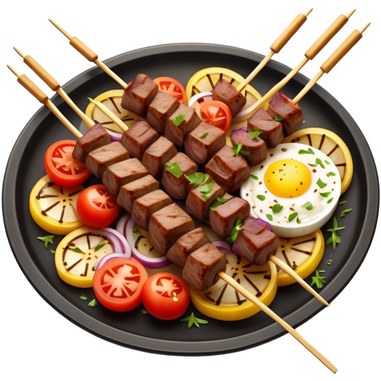 Cinematic Realistic Souvlaki Dish Emoji, showcasing skewered, grilled meat with Mediterranean spices rendered with dynamic textures and warm, appetizing lighting. emoji