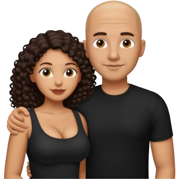 A picture of a tanned couple with the man's arm around her. the man is a Mexican man with tanned skin, a bald hair cut, short beard and wearing a black shirt. the woman is mixed, with long curly dark brown hair and with big boobs  emoji