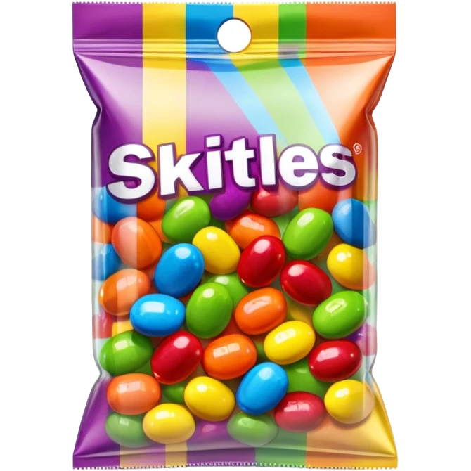 A Skittles candy package completely wrapped in clear packing tape, shiny reflective surface, rainbow colored bag under tape emoji