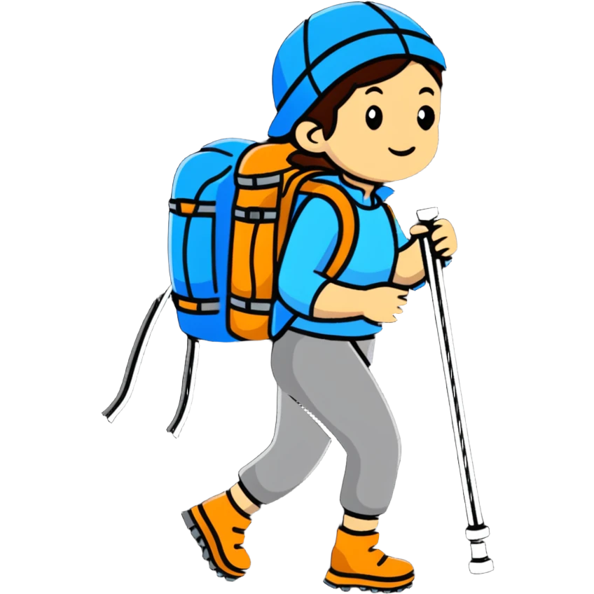 female mountain climber with backpack and hiking poles emoji