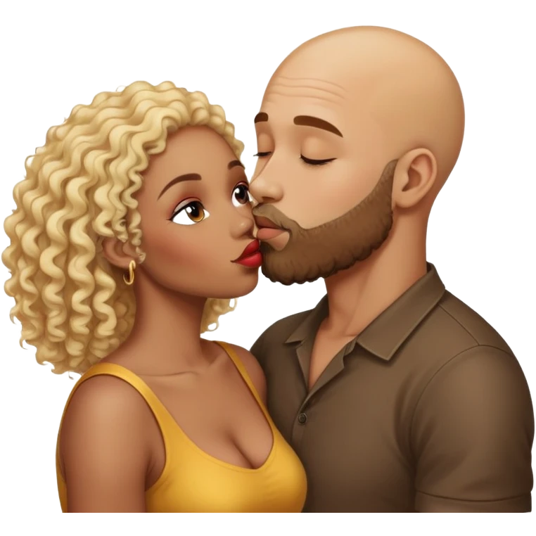 bald head man with beard kissing African woman with curly blonde hair emoji