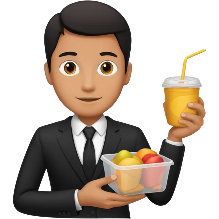 man with suit holding food container emoji