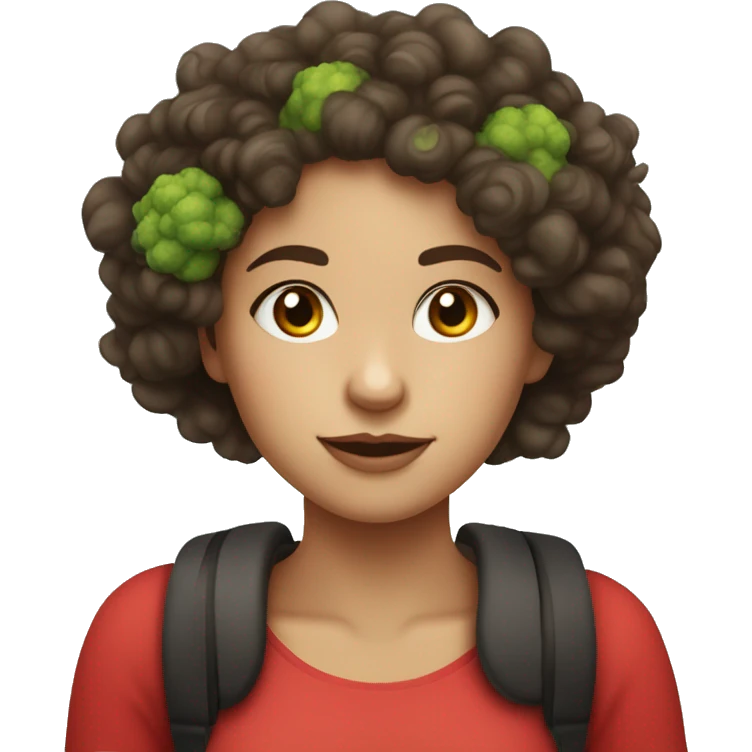 brunette girl with red cheeks and broccoli like curls in her hair emoji
