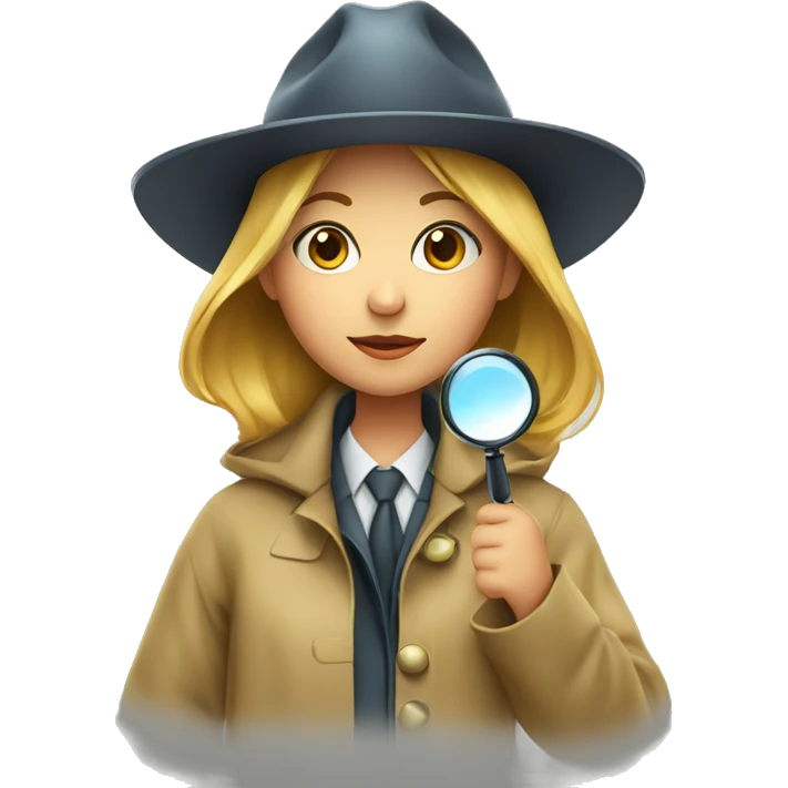 girl in a detective costume, in a raincoat, with a hat and a magnifying glass in her hands emoji