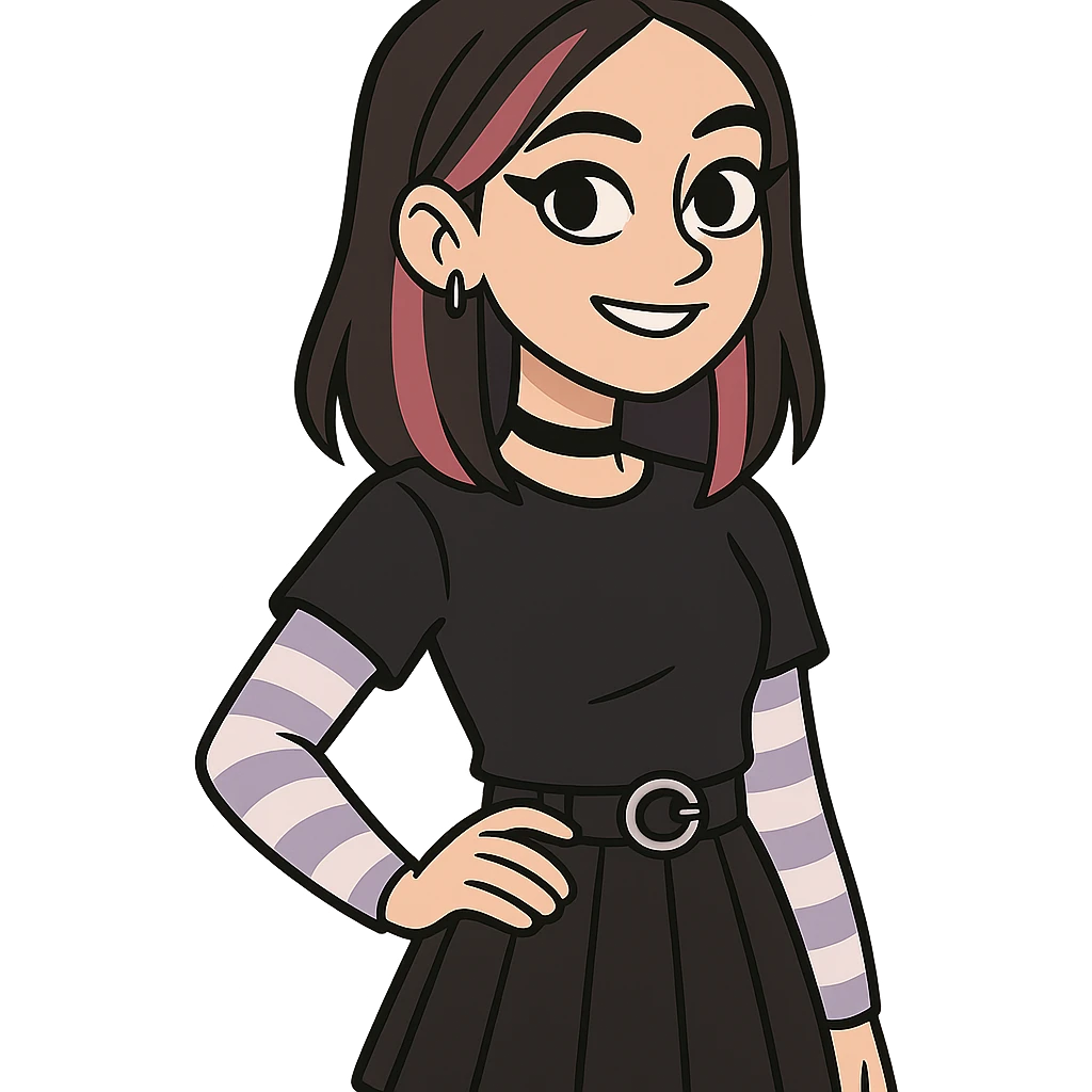girl with clear skin, bright eyes, healthy hair, confident smile, E-girl style, dark eyeliner, dyed hair streaks, trendy outfit emoji