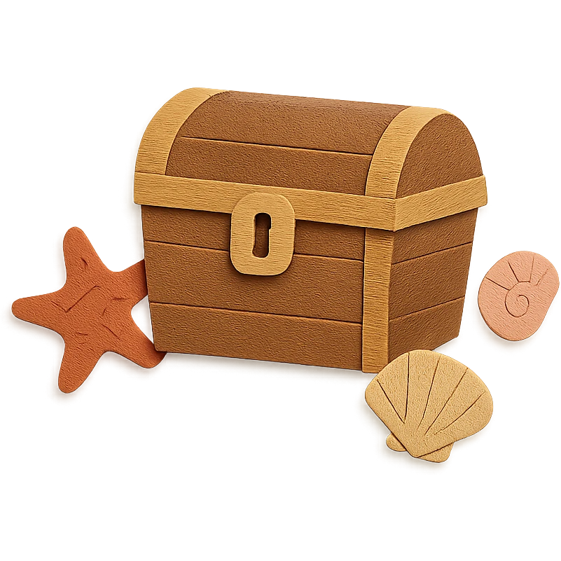 closed treasure chest with a lock, surrounded by seashells and starfish, paper-craft style emoji