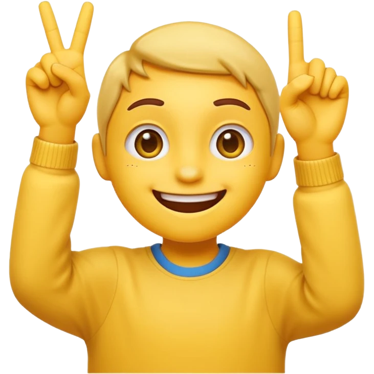 A 2D cartoon-style yellow emoji with a mischievous smile, shaped eyes, and both hands pointing upward with index fingers.  clean digital style, and a fun, dancing expression. Style similar to children’s drawing tutorials, dancing expression. No background, isolated on white.  emoji