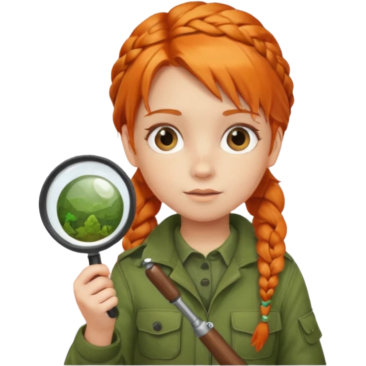 braid orange haired girl kid in moss green explorer outfit, holding magnifying glass emoji