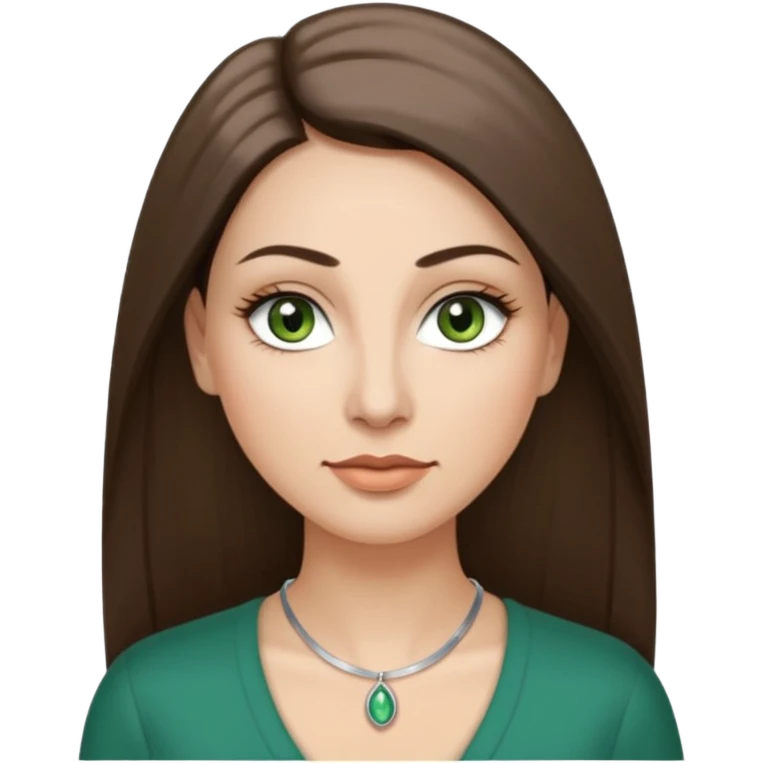 40 year old Adult woman avatar, light skin tone, oval face, long straight ashy brown hair, green almond-shaped eyes with dramatic eyelashes and minimal eyeliner, neutral mouth, medium straight eyebrows, small nose, smooth skin emoji