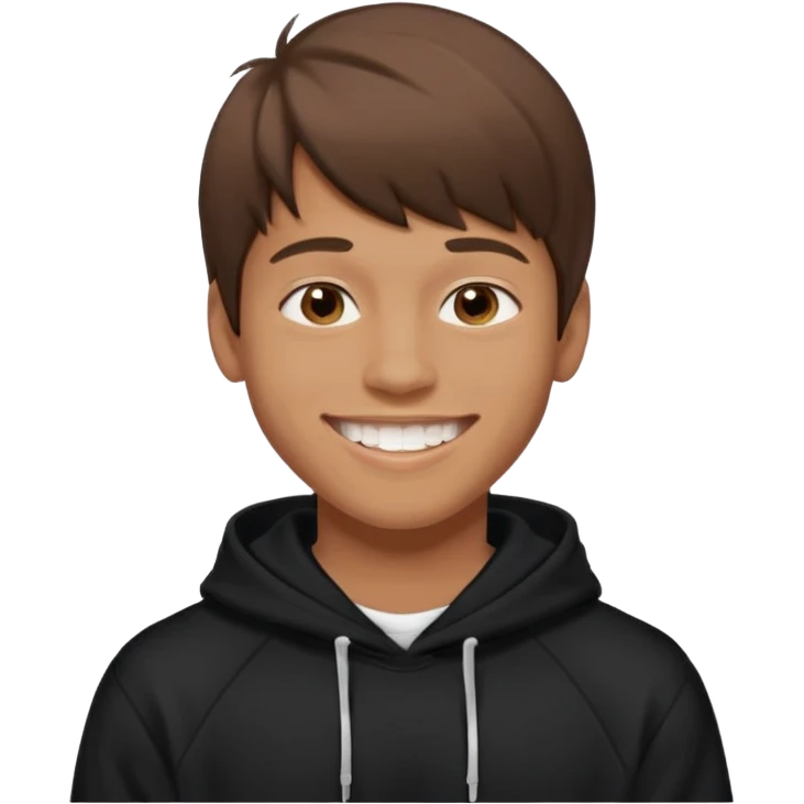 20 yr old man, brown hair, straight, big smile, white teeth, tanned skin, bangs, black hooded sweatshirt emoji