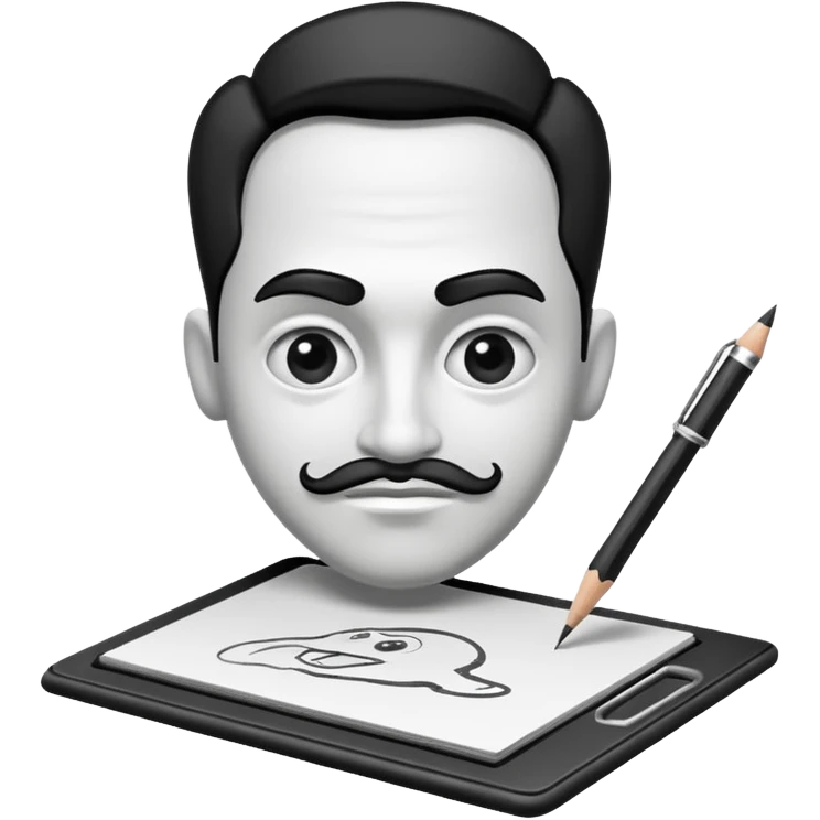Create an icon representing the process of creating a black-and-white caricature. Include a pencil, a sketchpad with a humorous, exaggerated figure, and inking tools. Use bold lines and shading, with a transparent background. emoji