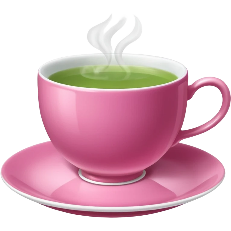dark pink teacup filled with green tea, placed on a matching pink saucer, with gentle steam rising from the cup.  emoji