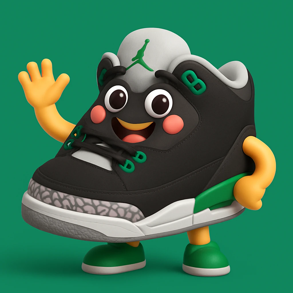 Create a 3D emoji style sneaker based on the provided reference image, adding arms, legs, and a happy facial expression. The style should resemble Microsoft style 3D fluent emojis with a playful and friendly look. emoji