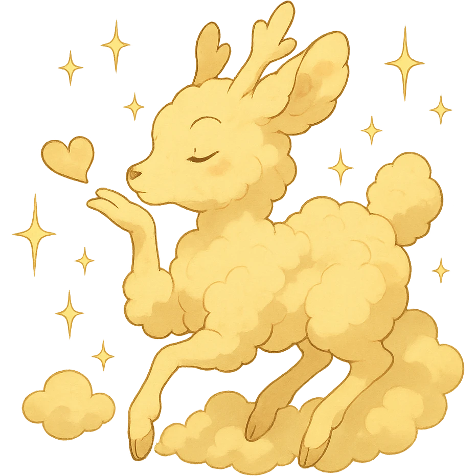 dreamy cream yellow cloud doe in Ghibli style with sparkles, blowing a kiss emoji