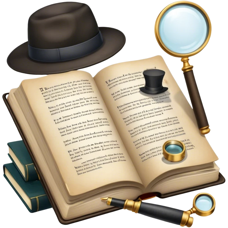 Icon for Detective Reading: an open book with text and a magnifying glass, a detective’s hat and a notebook with clues, surrounded by dark shadows and mysterious elements like footprints. Transparent background. emoji