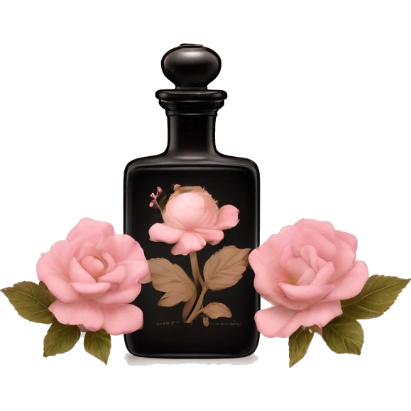Two English vintage glass perfume bottles from my aristocratic grandmother, exquisite bottle shape, old and shabby, with label, stylish and minimalistic, black and brown with pink gradient, with little herbal and flowers  emoji