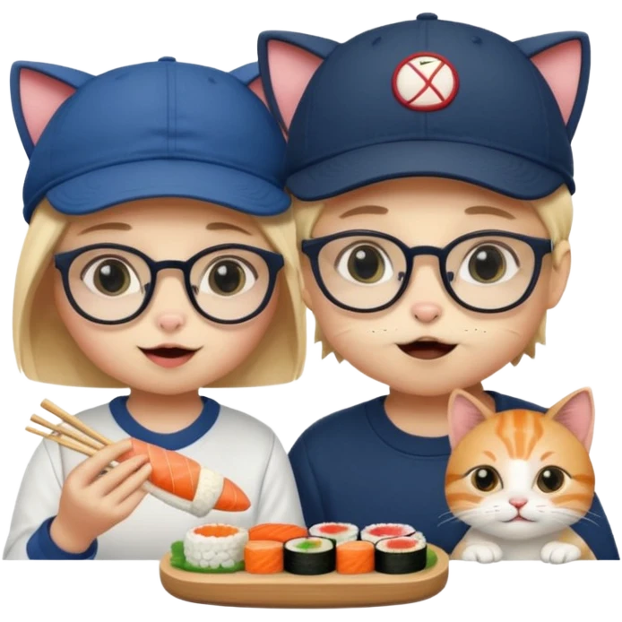 cute girl cat wearing glasses and a cute boy cat wearing a baseball cap eating sushi together emoji