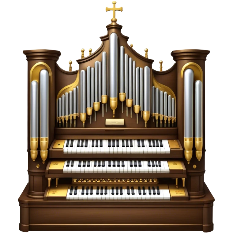 Create an elegant and majestic emoji representing a classical church organ. The emoji should feature the grand pipes of the organ in the background, with visible details of the keys and pedalboard in the foreground. The pipes should be tall and impressive, with a mixture of gold, silver, and metallic shades to emphasize the grandeur of the instrument. The keyboard and pedals should be well-defined, capturing the intricate craftsmanship of the organ. Use dark wood tones and gold accents for the body of the instrument to give it a rich, historic feel. Add subtle musical notes around the organ to evoke its deep, resonant sound. The background should be transparent. emoji