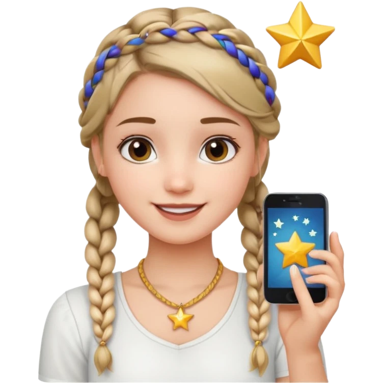 a girl wearing cute white top with a braid outing in the camera as a selfie and a star necklace in the neck  emoji