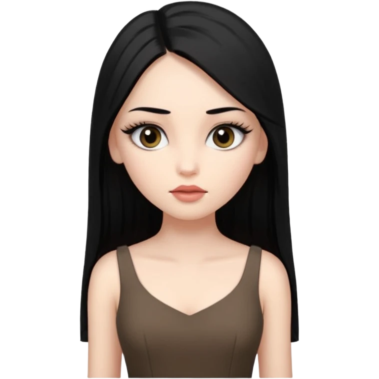 Cabelos pretos longos lisos ,olhos pretos escuros puxadinho para cima com cílios grandes Pele clara ,nariz pequeno ,lábios mais carnudos ,adolescente 16 anos , com vestido de alinhamento emoji