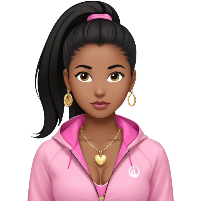 black girl with black straigh hair and baby hairs with pink lululemon jacket with cleavage showing a little n with a gold necklace small heart necklace and gold diamond stud earrings  emoji
