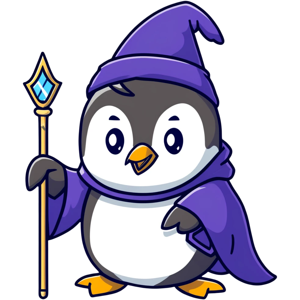penguin wizard with a magical staff and wizard robe emoji