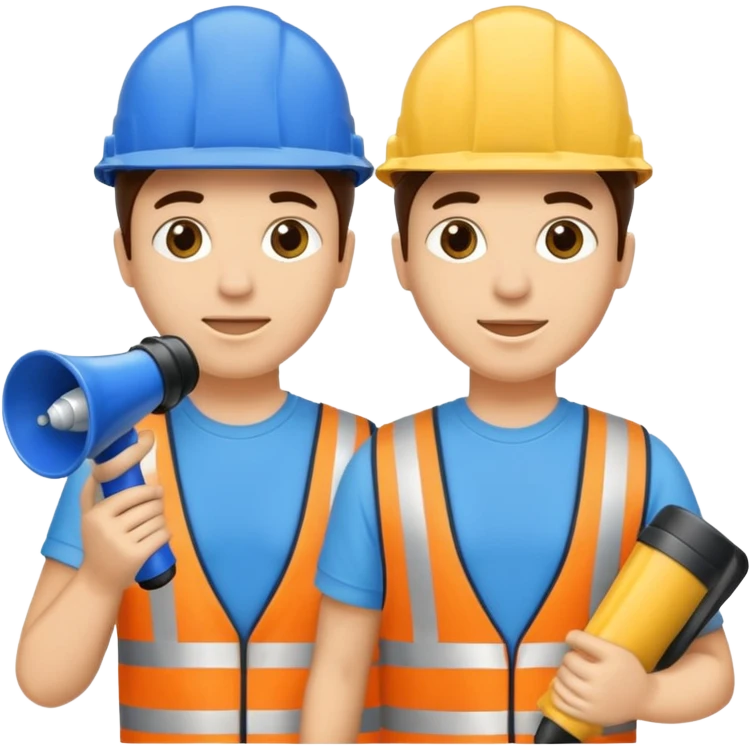 Duas pessoas com capacete de obras azul e um megafone na mão emoji