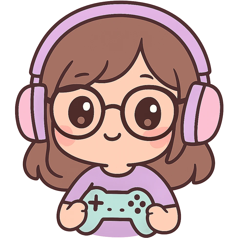 female brunette with glasses and a purple gaming headset, chibi style, holding a game controller emoji