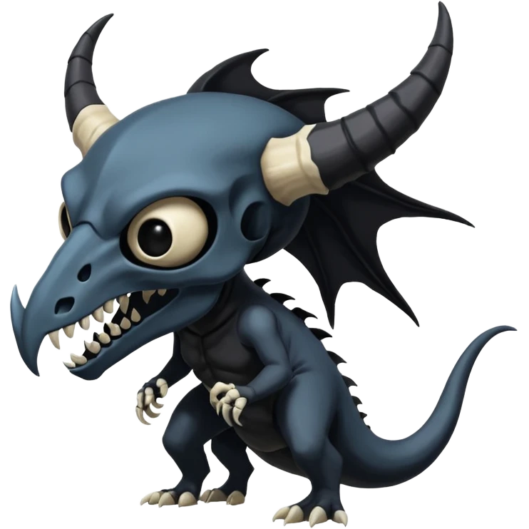 Shiny Dark Edgy  Duskull-Salandit-Inteleon-Amaura-Fakémon-hybrid-creature (full body) with a horned animal-skull-mask emoji