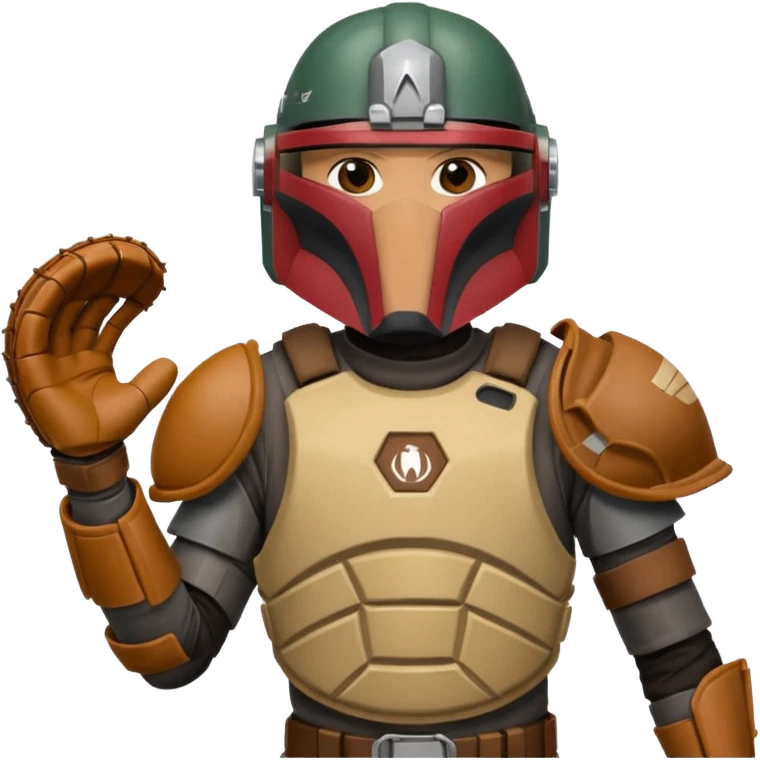 Mandalorian using a Catcher's mitt.  He looks ready to catch a ball.  Make the catcher's glove oversized.  Put a dark visor in the helmet.   emoji