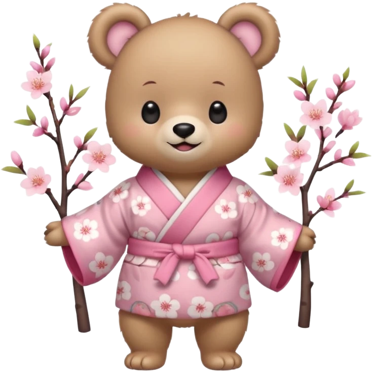 A cute baby bear character in pastel style, standing upright like a human. 
Light brown soft fur, large round ears, rounded paws and feet. 
Big cute black dot eyes, medium blush cheeks, and a tiny smiling mouth. 
Wearing a pink kimono with soft cherry blossom patterns on the sleeves and bottom,  emoji
