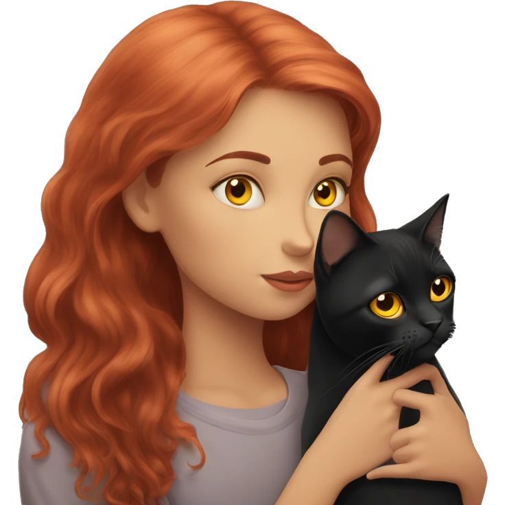 A red-haired girl kisses a black British cat with yellow eyes emoji