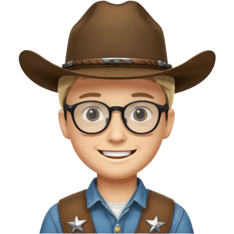 Smiling boy with cow boy hat . With chin strap and black glasses  emoji