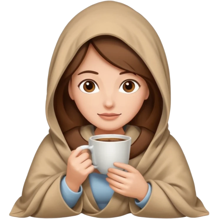 brown hair woman sitting under beige blanket, with a blanket over his head, holding cup of coffe emoji