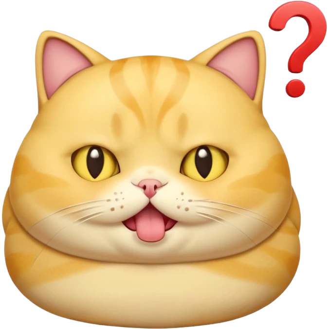 fat yellow confused kawaii cat open mouth and question mark signs on his head emoji