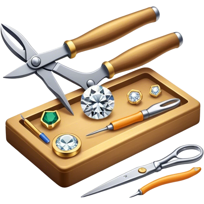 Create a bright and detailed icon representing jewelry art and the craft of making jewelry. The design should feature elements like a sparkling diamond, a gold ring, a jeweler’s tools (such as pliers and a workbench), and some delicate detailing that conveys craftsmanship and luxury. The icon should be clean, vibrant, and visually striking, with a balance of sophistication and creativity. emoji