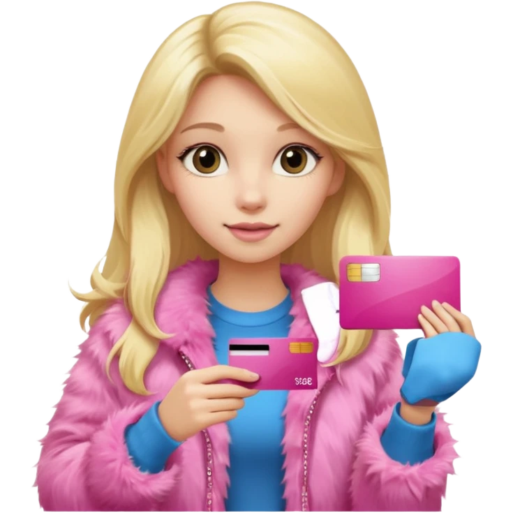 girl with blonde long hair, wearing pink fur, holding a pink credit card emoji