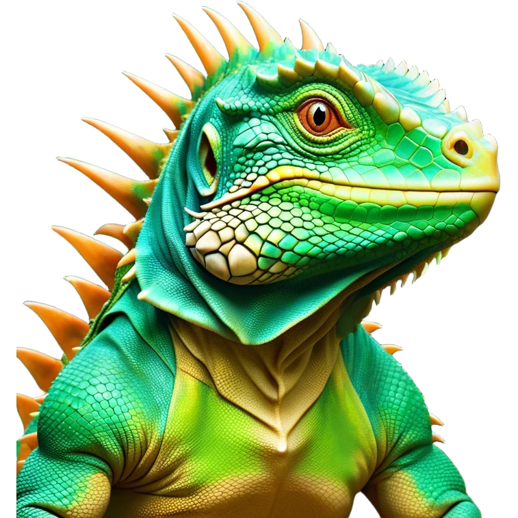 Cinematic Noble Iguana Portrait Emoji, Poised and majestic, with a robust, muscular build and a vibrant, scaly body accented by a prominent spiky crest and keen, observant eyes, Simplified yet sharp and sophisticated features, highly detailed, glowing with a soft, jungle radiance, high shine, intelligent and formidable, stylized with an air of ancient reptilian authority, focused and commanding, soft glowing outline, capturing the essence of a watchful guardian that appears ready to stride out of the screen with effortless might! emoji