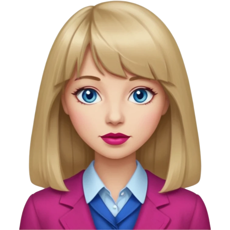 Woman with long dark blond hair and bang, blue eyes, raspberry lip, with classy clothe emoji emoji