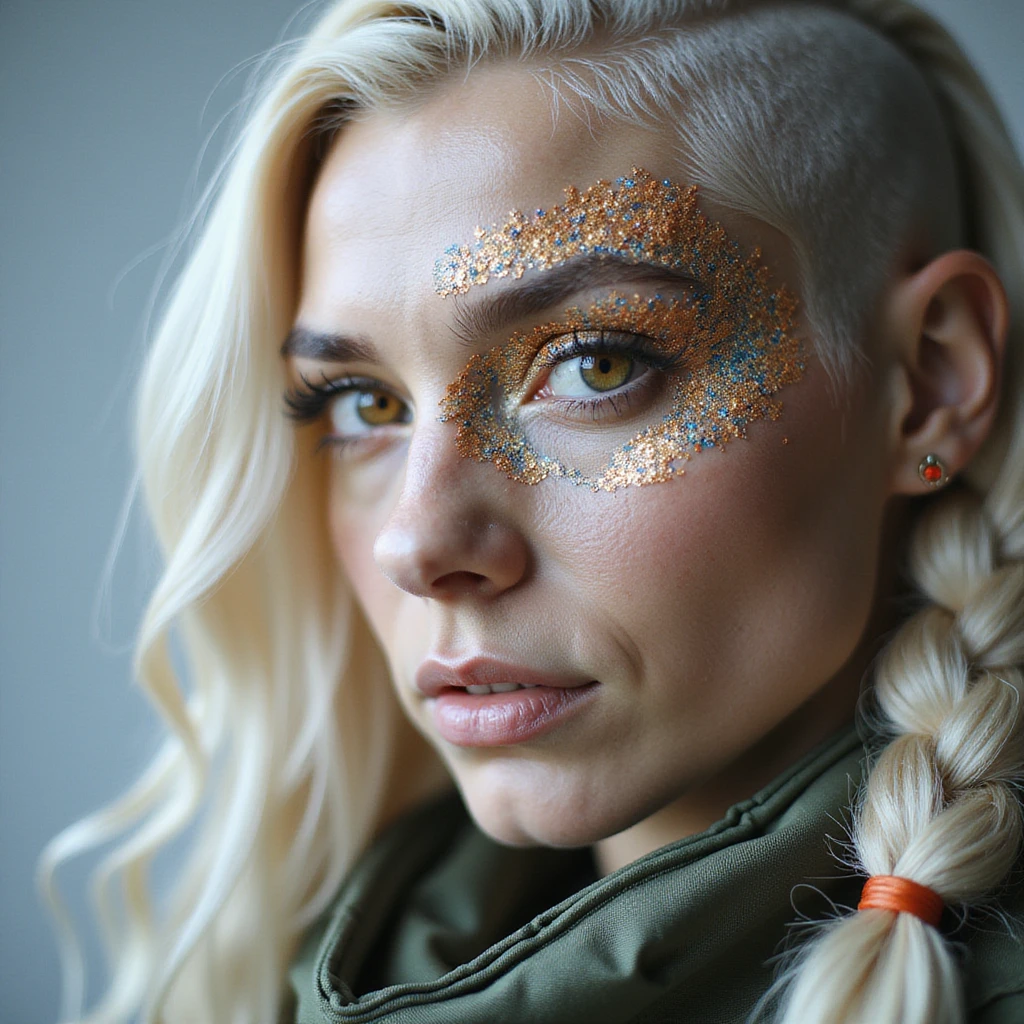 close up of a "20 crisp" banknote. futuristic, cyberpunk. stellar and planetary style designs adorn the bill. the face pictures is a woman in her 20's, gold yellow eyes, white hair in a single long braid, side of head shaved. she wears a military flight bdu emoji
