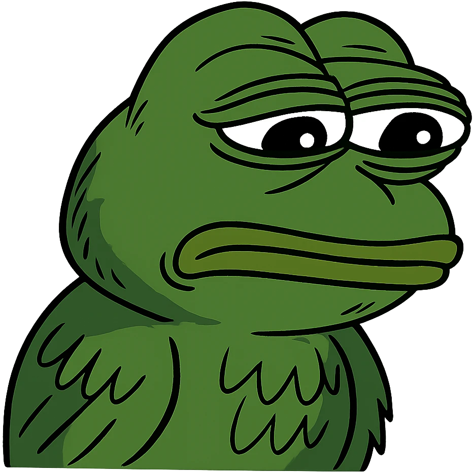 a sad crow in Pepe the Frog style, exaggerated eyes, meme vibe emoji