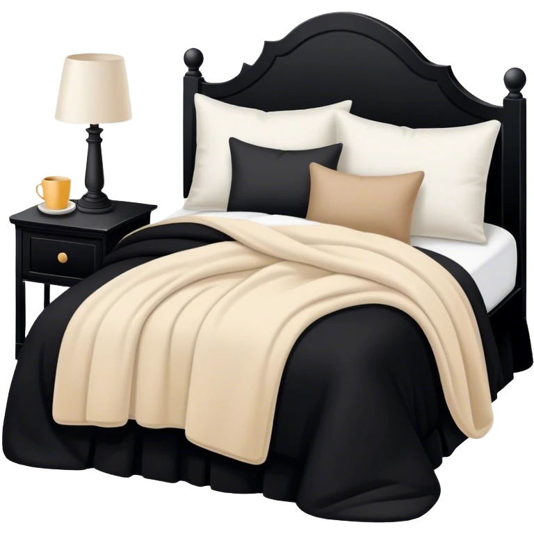 Black bed with pillows and blankets, cozy vibe white and beige emoji