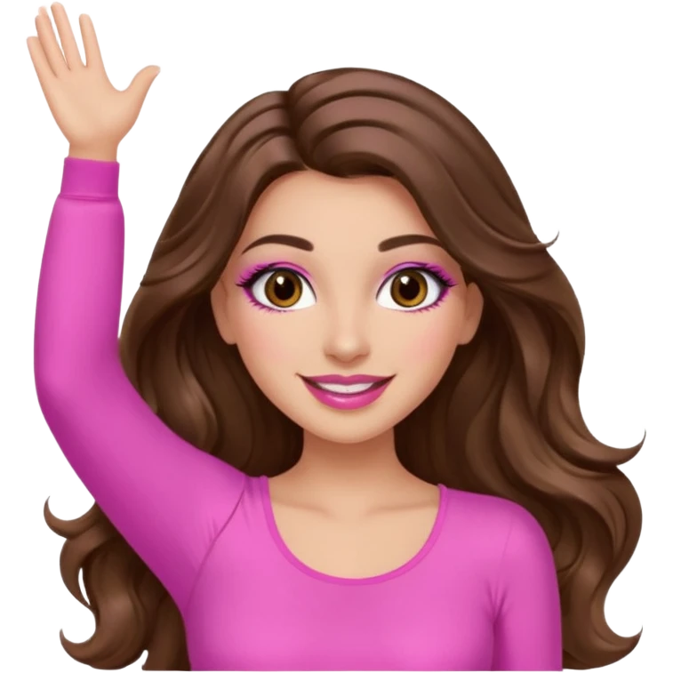 girl with long wavy brown hair, brown eyes, long lashes makeup, sexy pink lips, light to medium complexion, wearing a pink sexy top, both hands in the air high emoji