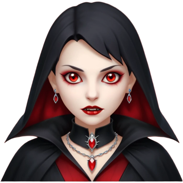 vampire village woman portrait, head and shoulders only, dark gothic cloak collar, sharp fangs, red glowing eyes, elegant yet eerie expression, subtle jewelry, 3D cartoon, mobile game icon style, clean background, no text, no watermark

 emoji