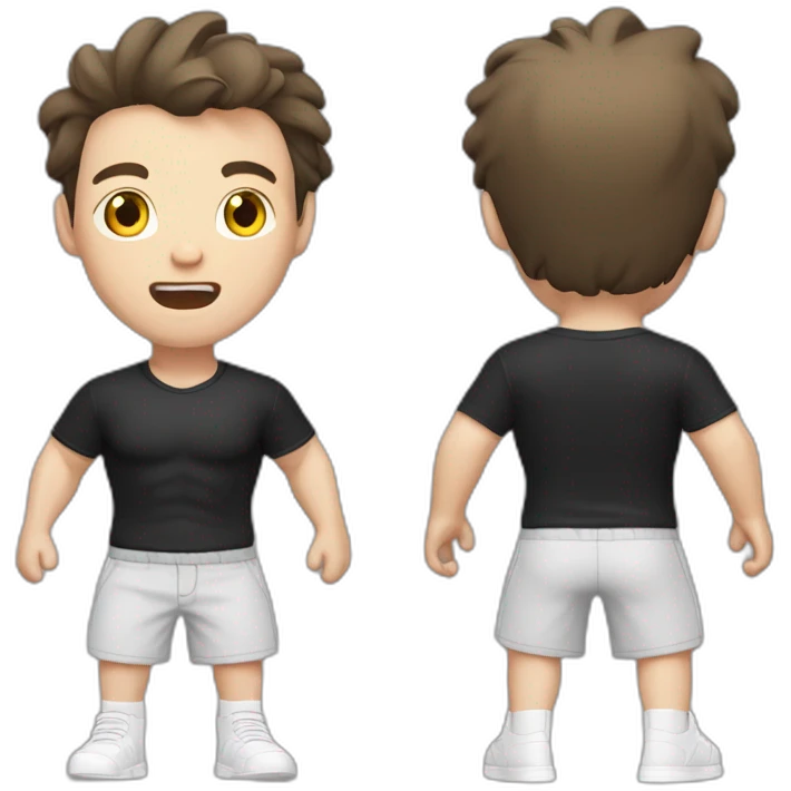 amazed Open with surprise mouth Pale skinned Fit Man With the biceps and dark brown hair in black shirt, gray sports shorts and white Sneakers emoji