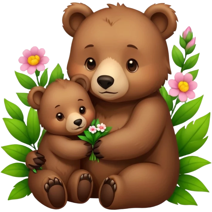 mother bear cuddling a bear cub with flowers emoji