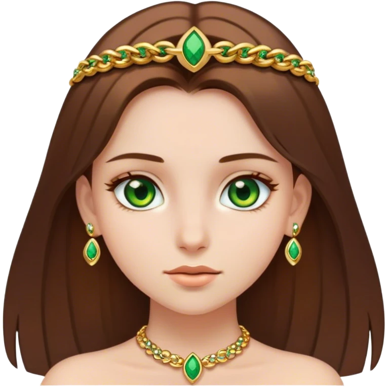 Girl with straight brown hair, green eyes and gold jewellery emoji
